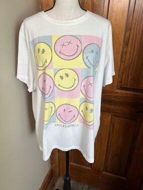 Women’s White Graphic Tee - Pastel Smiley Faces